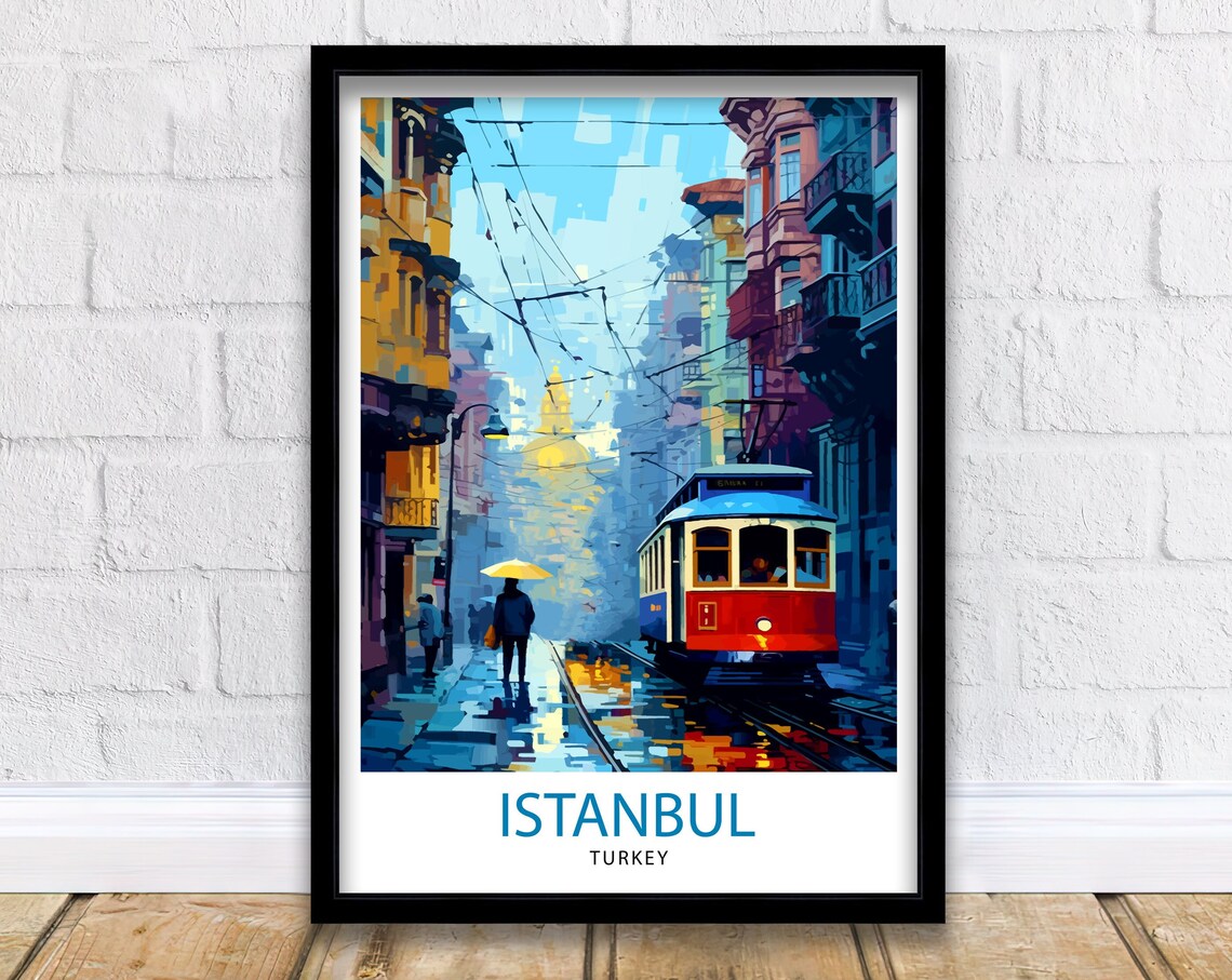 Istanbul Turkey Vintage Tram Rainy Street Painted Travel Poster
