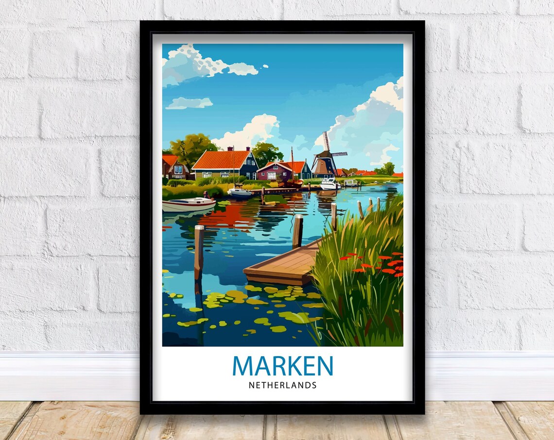 Marken Netherlands Dutch Village Windmill Canal Travel Poster