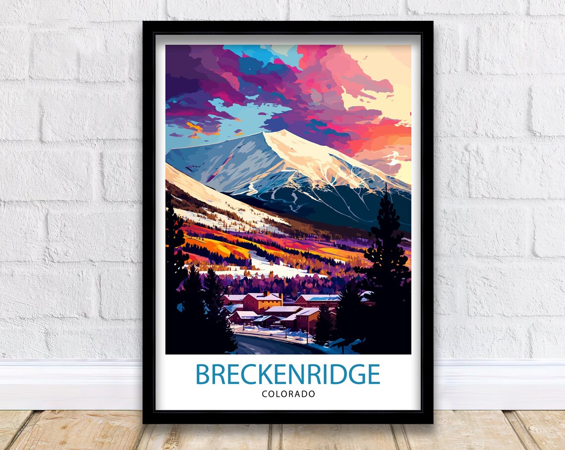 Breckenridge Colorado Snowy Mountain Sunset Travel Art Poster