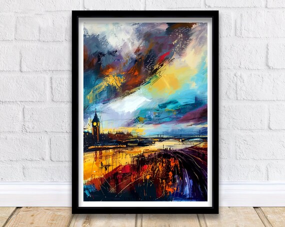 Abstract London Sunset Thames Big Ben Stormy Sky Colorful Poster