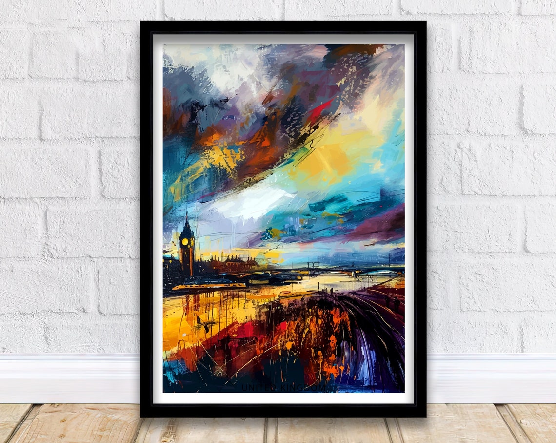 Abstract London Sunset Thames Big Ben Stormy Sky Colorful Poster