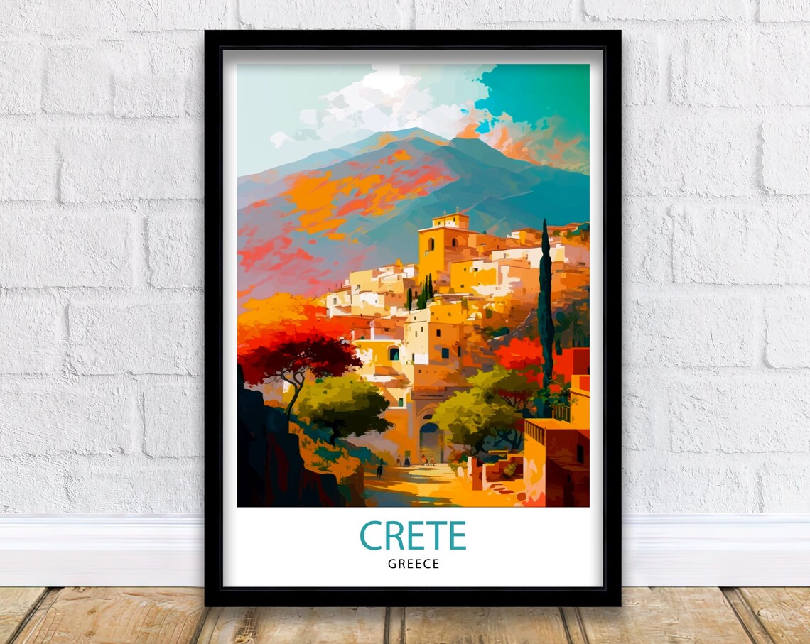 Crete Greece Mountain Village Sunset Mediterranean Art Poster