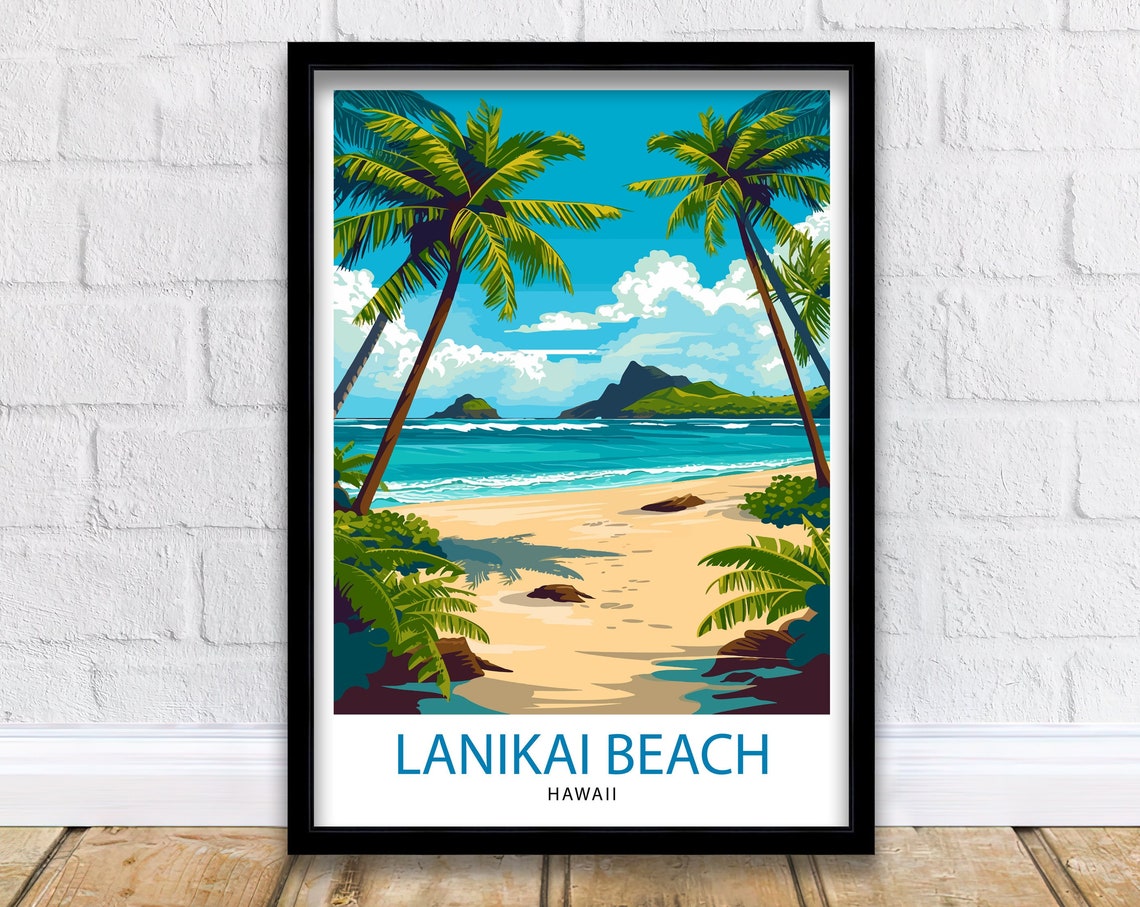 Lanikai Beach Hawaii Palm Framed White Sand Tropical Travel Poster