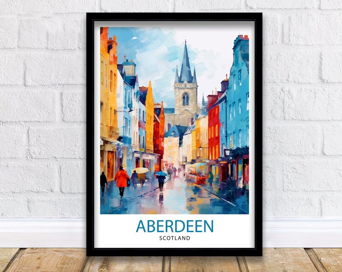 Aberdeen Scotland Travel Poster, Historic Harbor Scene