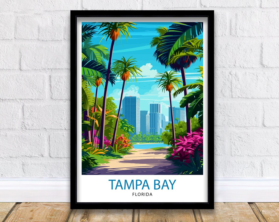 Tampa Bay Florida Palm Path City Skyline Tropical Travel Poster