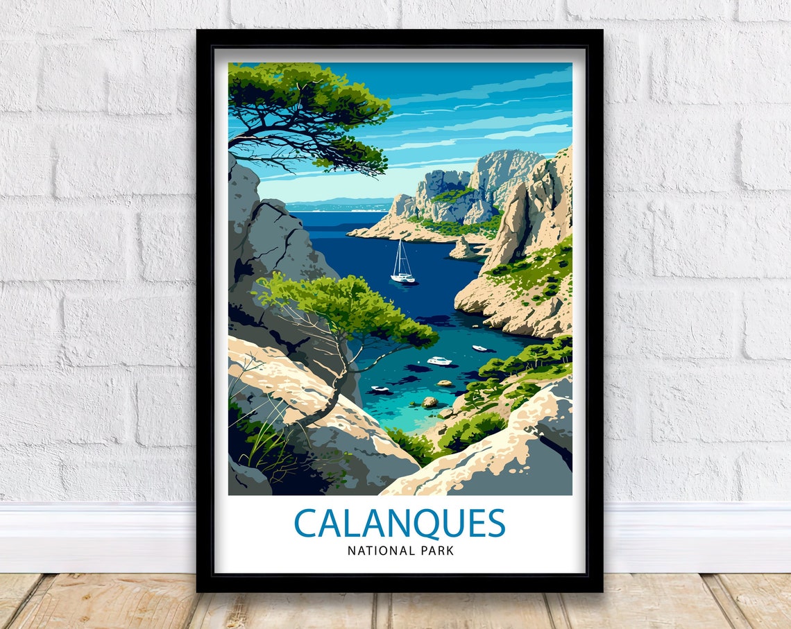French Calanques National Park Rocky Inlet Sailboats Travel Poster