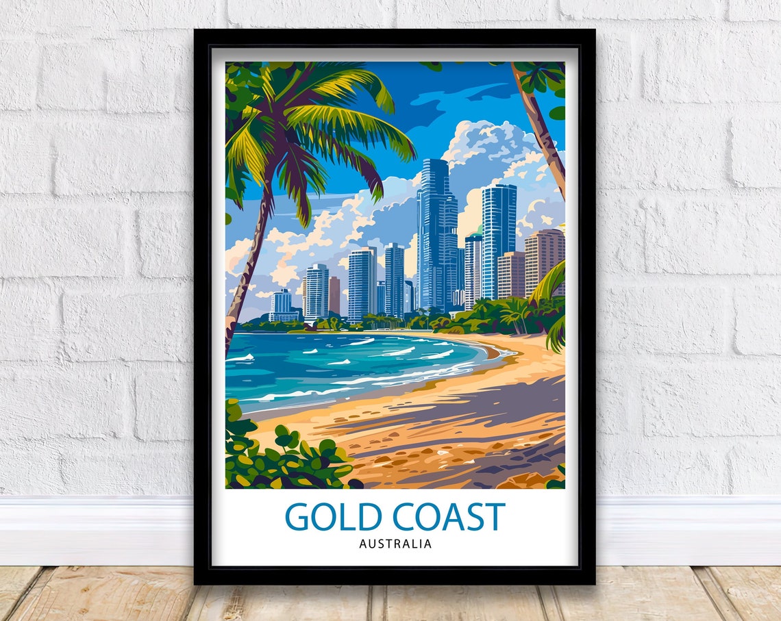 Gold Coast Australia Beachfront Skyline Palm Trees Travel Poster