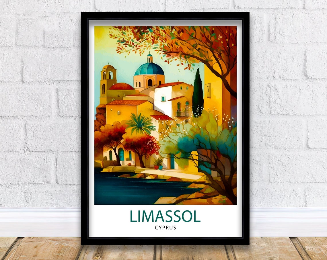 Limassol Cyprus Blue Dome Church Golden Sunset Seaside Poster