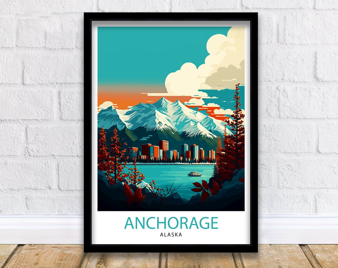 Anchorage Alaska Travel Poster, Cityscape Illustration