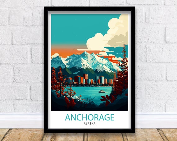 Anchorage Alaska Travel Poster, Cityscape Illustration