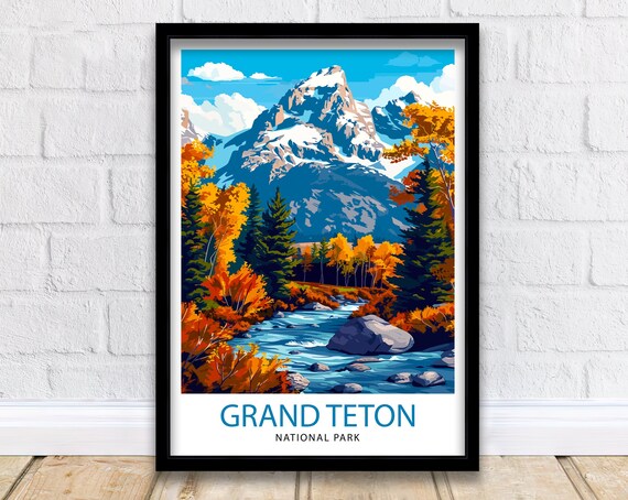 Grand Teton National Park Craggy Peak Autumn River Vintage Travel Poster
