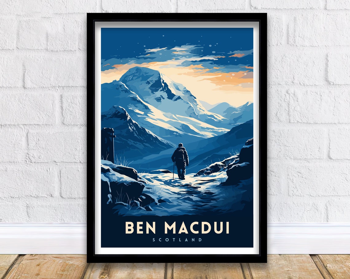 Ben Macdui Scotland Snowy Peak Hiker Dusk Trail Travel Poster
