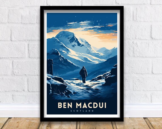 Ben Macdui Scotland Snowy Peak Hiker Dusk Trail Travel Poster