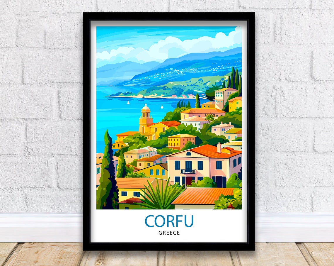 Corfu Greece Hillside Town Bay View Greek Island Travel Poster