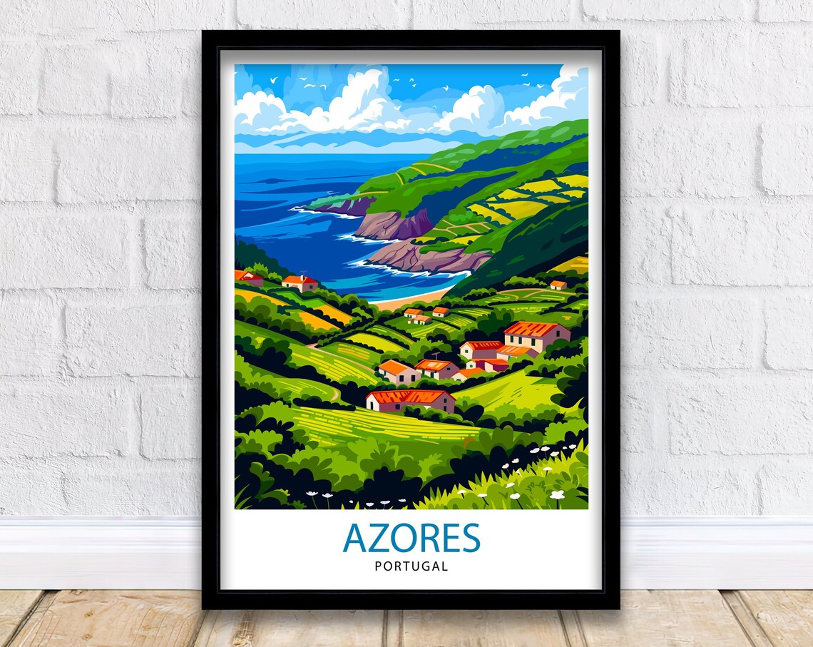 Azores Portugal Green Coastal Hills Island Village Travel Poster