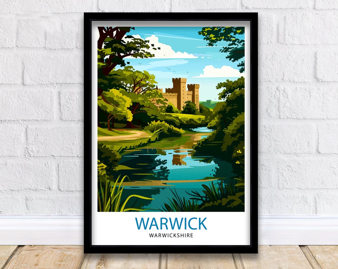 Warwick Warwickshire Castle Riverside Vintage Travel Art Poster