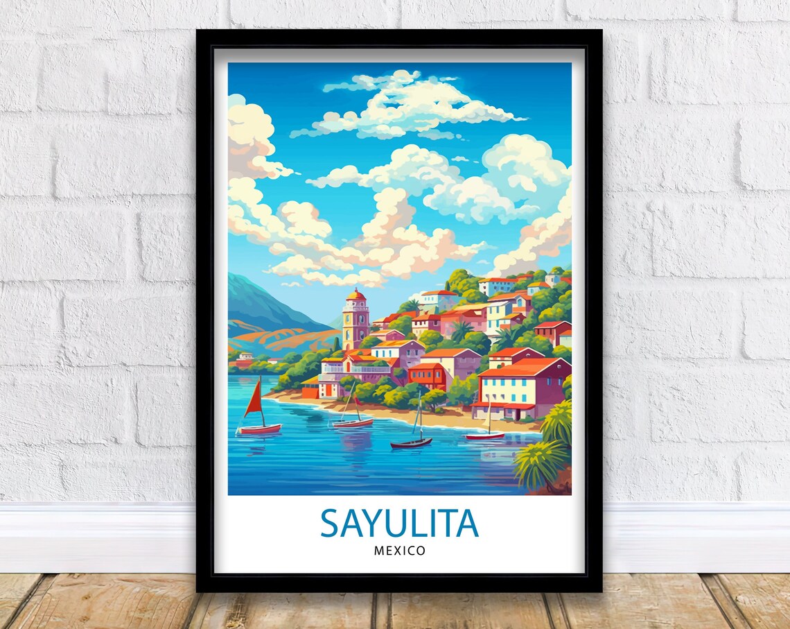 Sayulita Mexico Colorful Surf Town Sailboat Bay Travel Poster