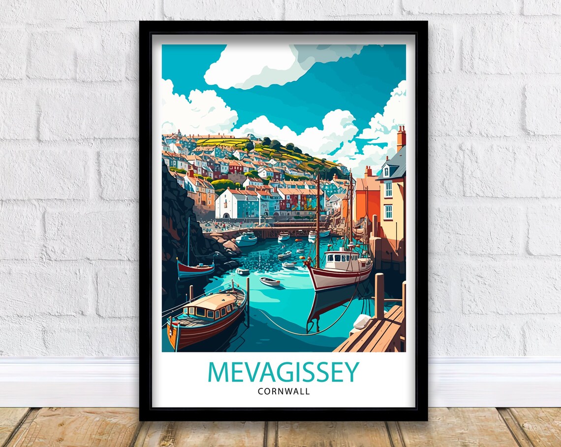 Mevagissey Cornwall Travel Poster, Place Illustration