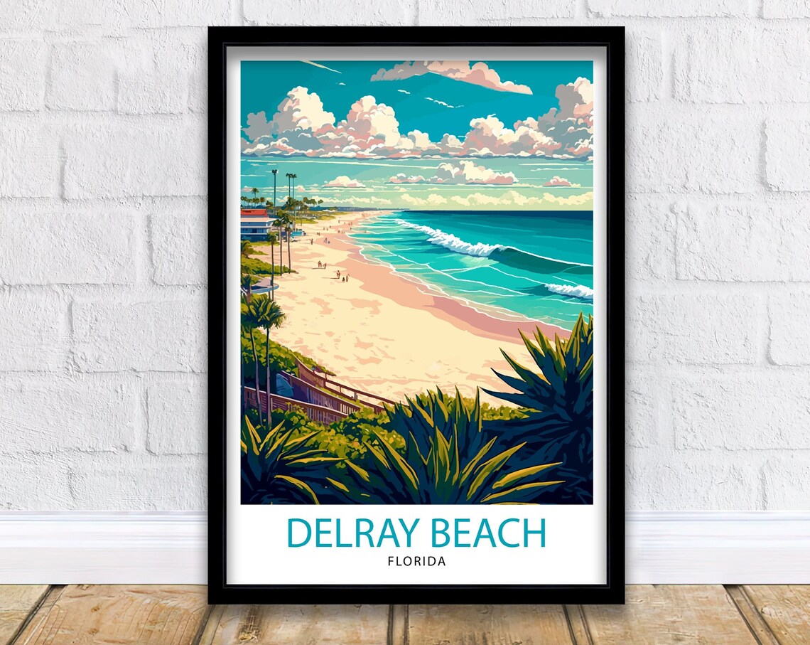Delray Beach Florida Aerial Sandy Shore Ocean Waves Travel Poster