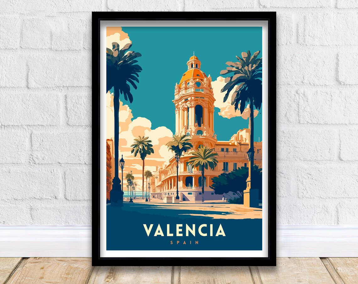 Valencia Spain Domed Palace Palm Avenue Orange Glow City Travel Poster