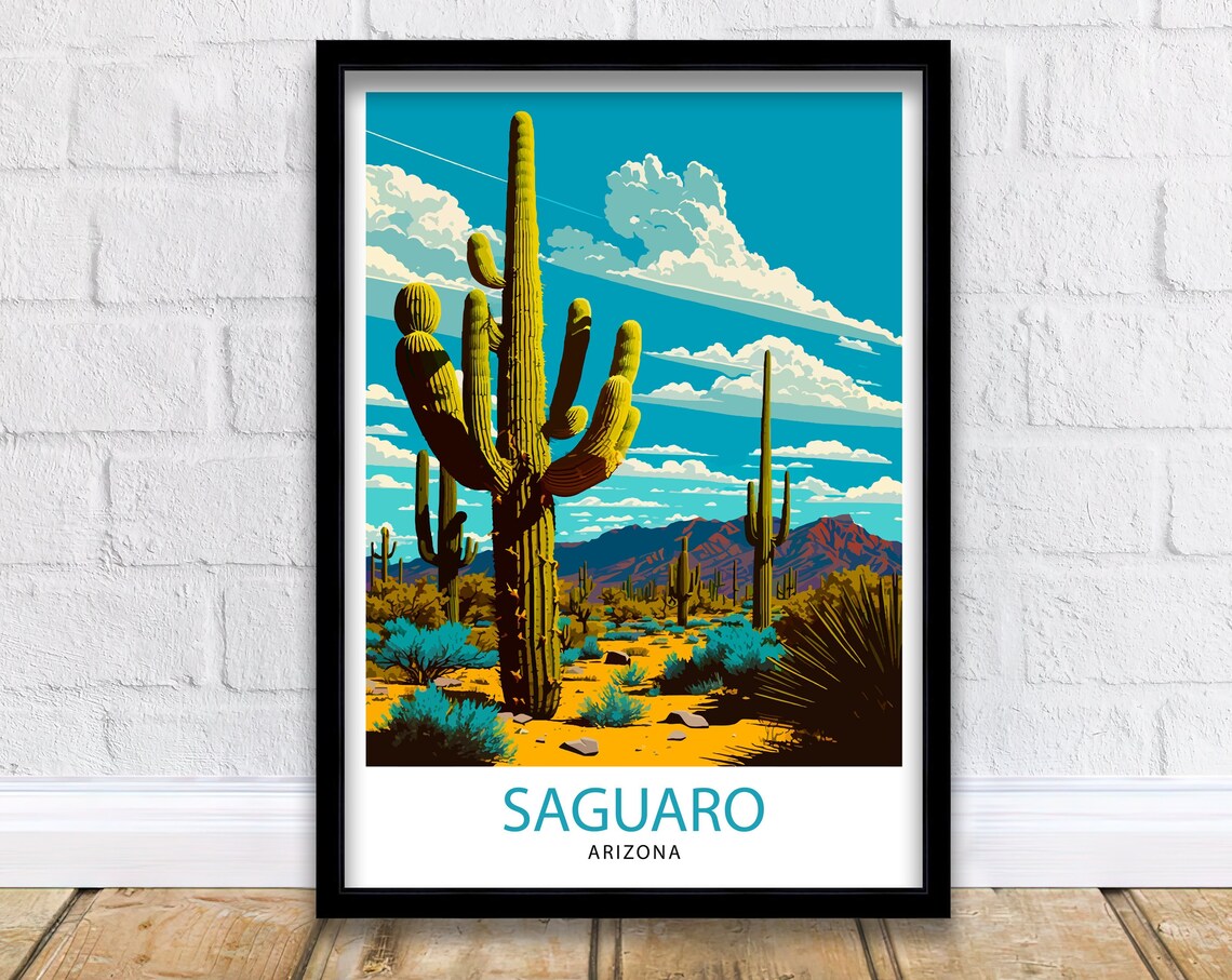 Saguaro Arizona Vintage Travel Poster Giant Cactus Desert Mountains