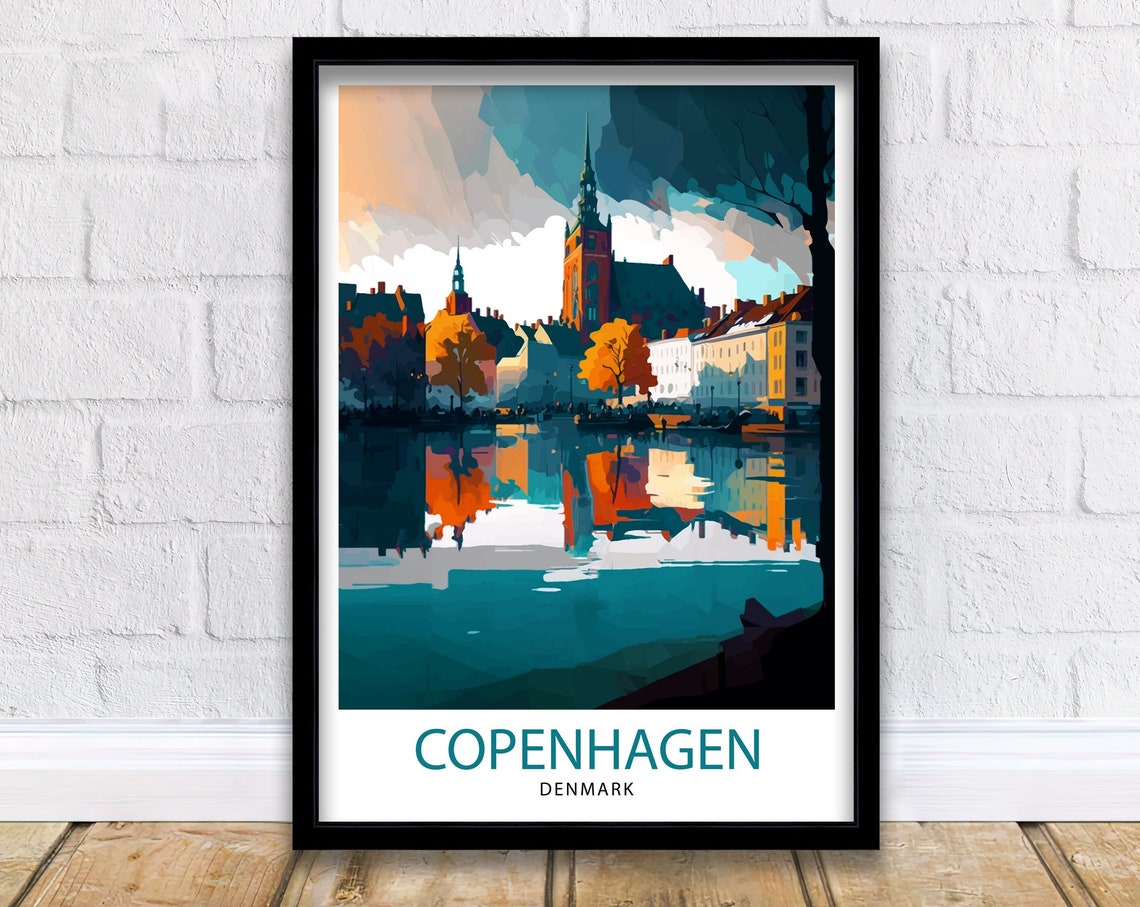 Copenhagen Denmark Harbor Skyline Sunset Reflection Travel Poster