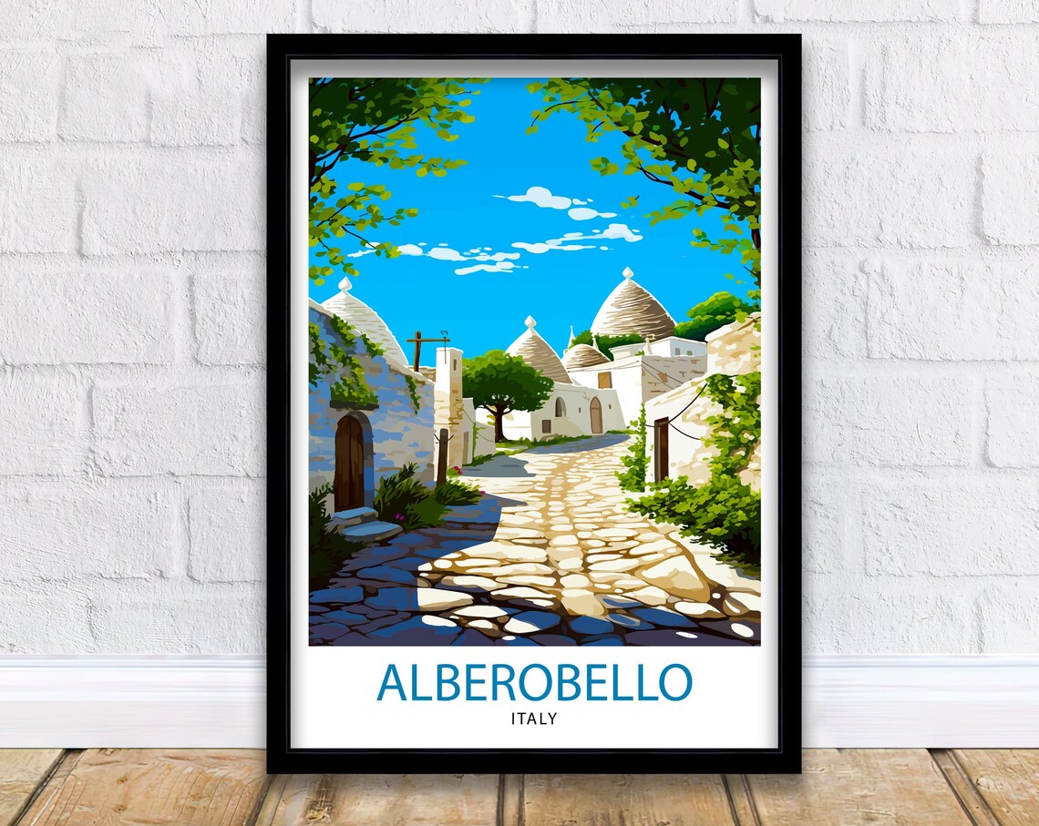 Alberobello Italy Trulli Stone Huts Cobblestone Street Travel Poster