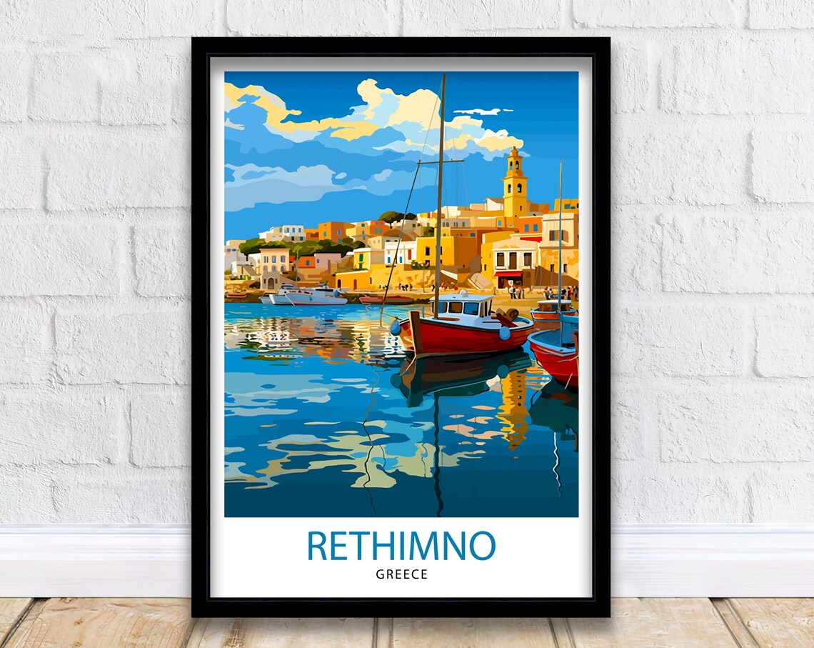 Rethimno Greece Harbor Fishing Boats Old Town Morning Poster
