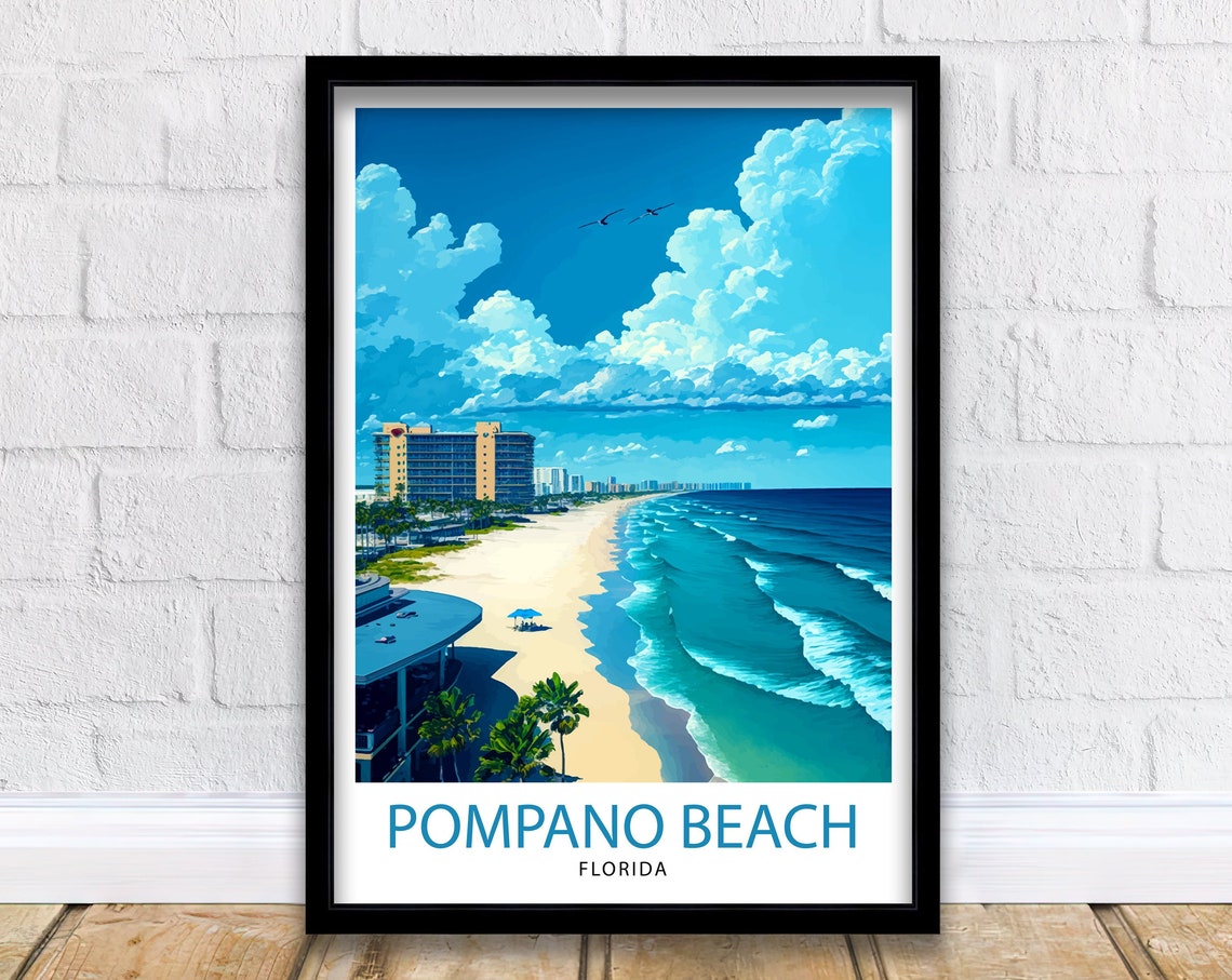 Pompano Beach Florida Palm Lined Shore Blue Sky Travel Poster