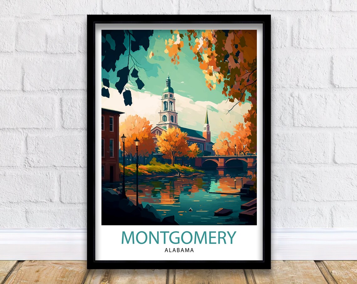 Montgomery Alabama Autumn River Church Tower Vintage Travel Poster