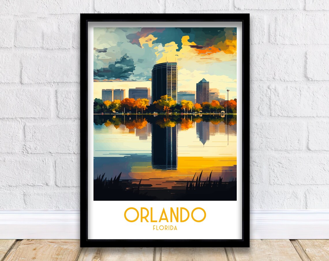 Orlando Florida Skyline Lake Reflection Sunset Art Travel Poster