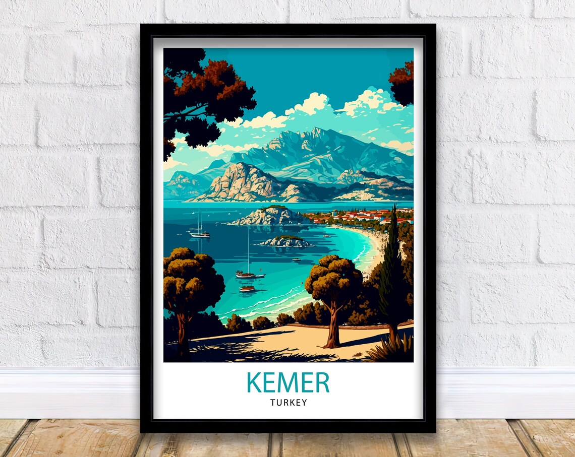 Kemer Turkey Turquoise Bay Boats Mountain Coast Travel Poster
