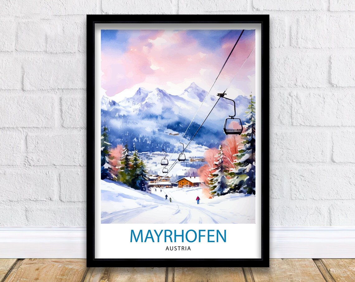 Mayrhofen Austria Ski Resort Gondola Lift Watercolor Alps Poster