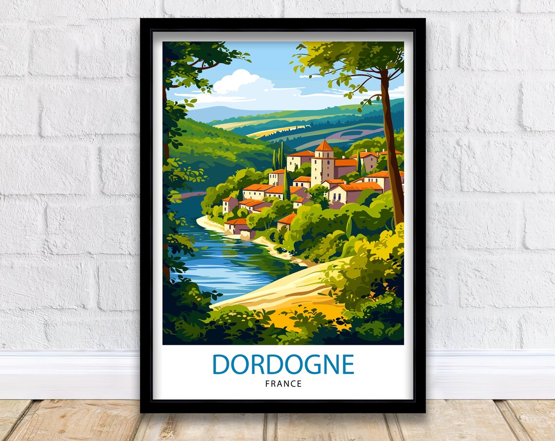 Dordogne France Riverside Village Vintage Style Travel Poster