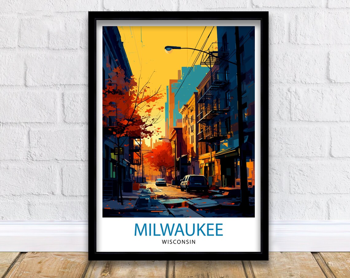 Milwaukee Wisconsin Golden Sunset City Street Retro Travel Poster