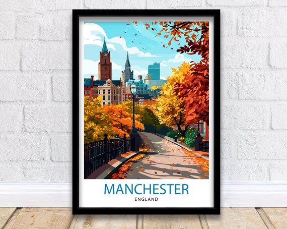 Manchester England Autumn Park Golden Fall Foliage Travel Poster