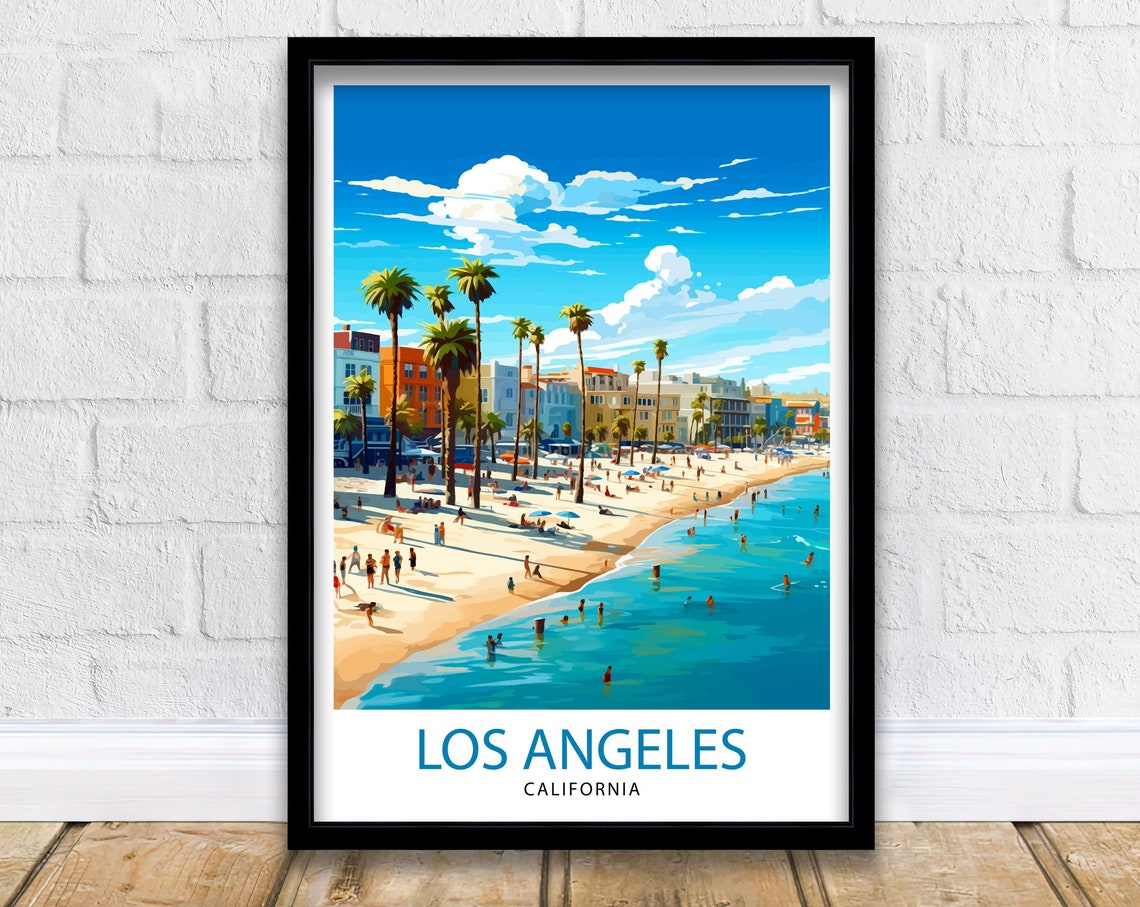 Los Angeles California Beach Palm Trees Crowded Shore Travel Poster