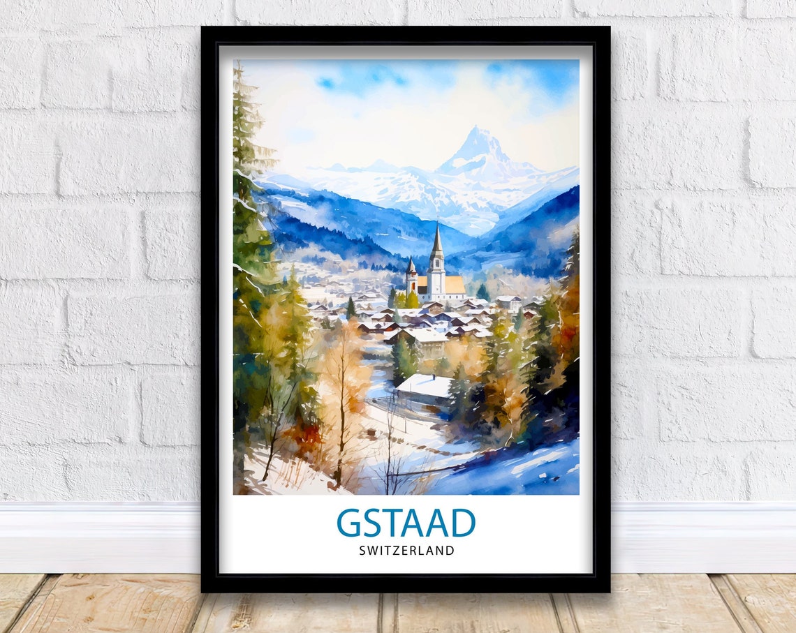 Gstaad Switzerland Winter Village Snowy Alps Watercolor Travel Poster