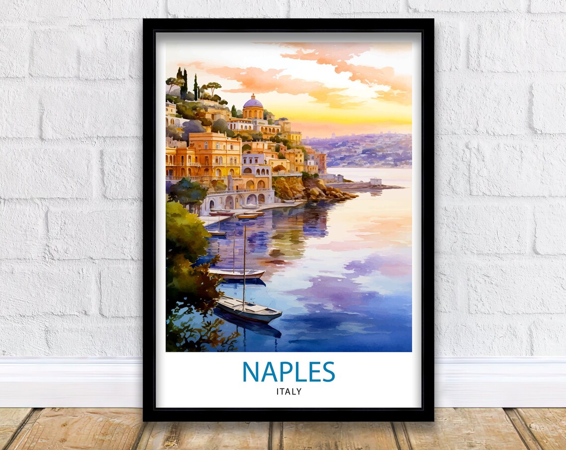 Naples Italy Waterfront Sunset Bay Boats Watercolor Travel Poster
