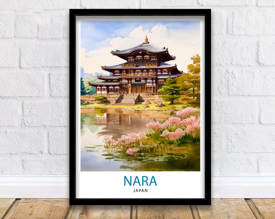 Nara Japan Temple Pagoda Cherry Blossom Lake Watercolor Poster