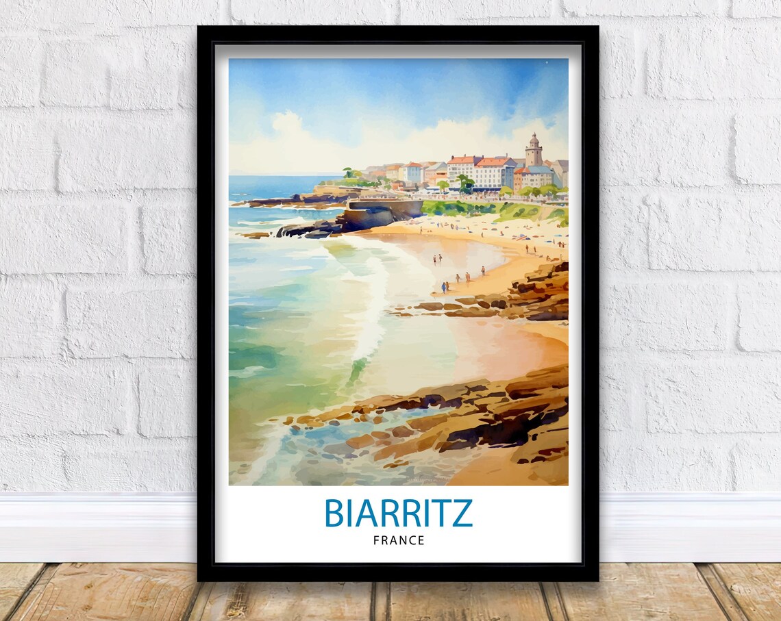 Biarritz France Watercolor Beach Cove Rocky Cliffs Town View Poster