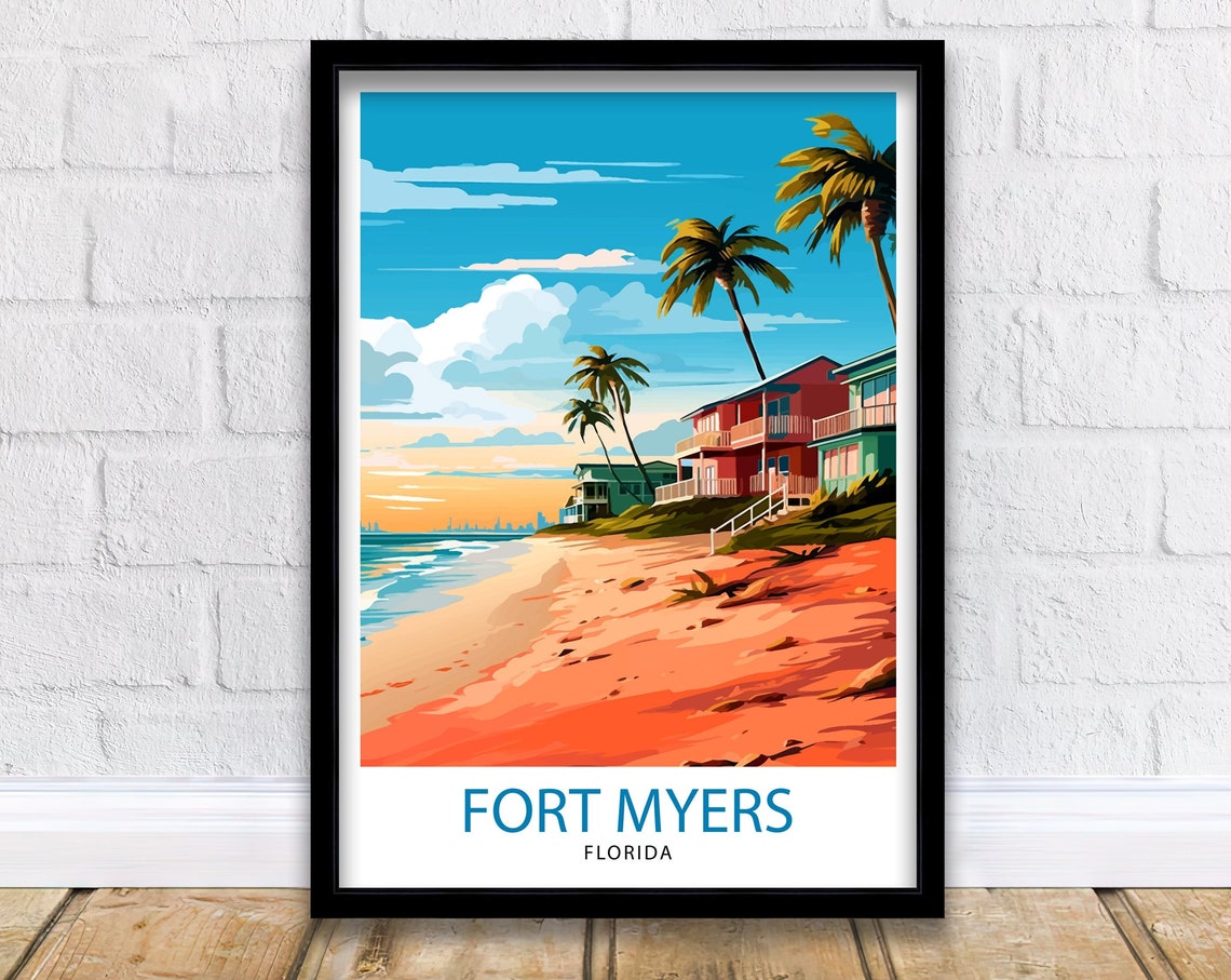 Fort Myers Florida Palm Lined Beach Coastal Sunset Travel Poster