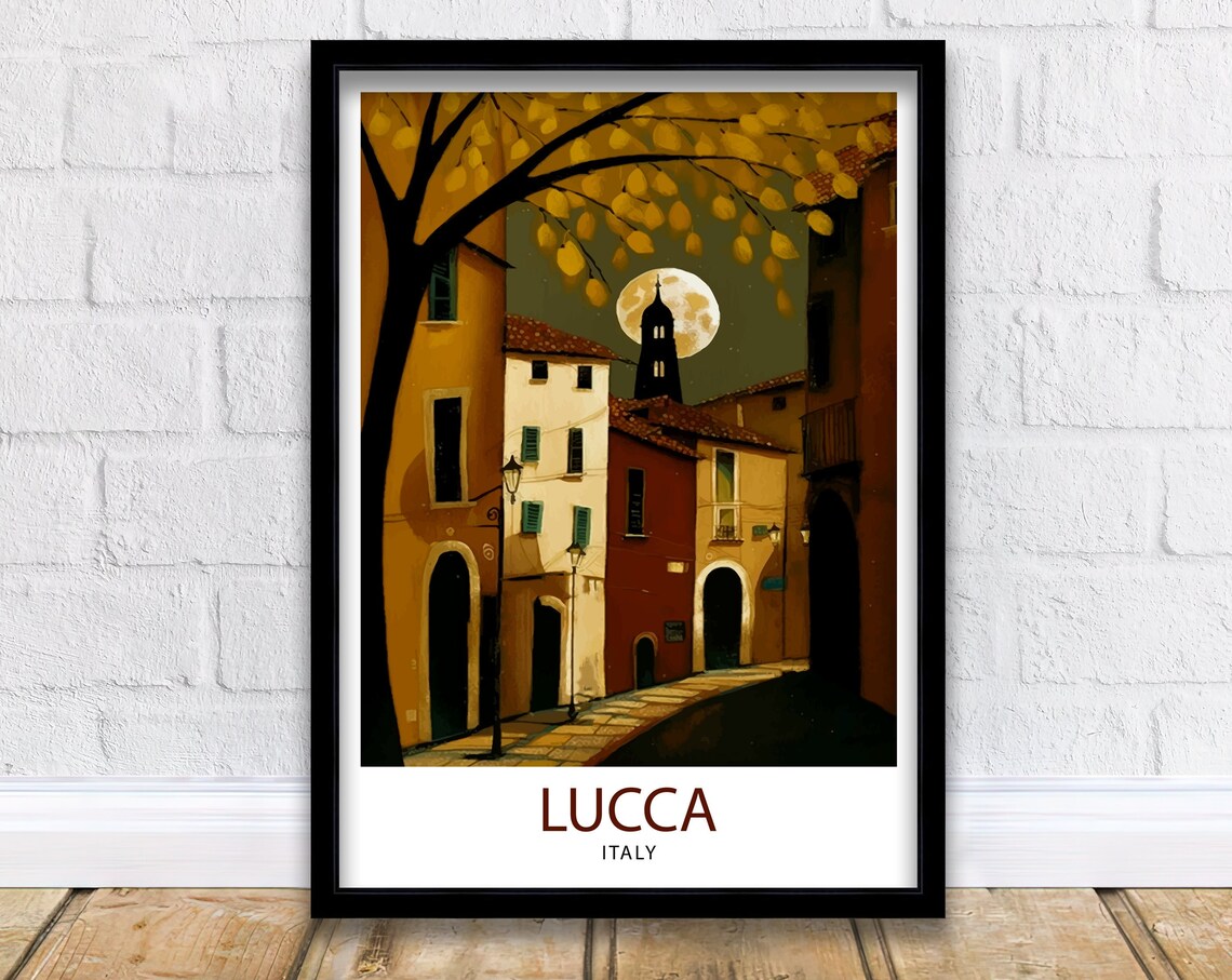 Lucca Italy Moonlit Old Street Tower Night Vintage Travel Poster