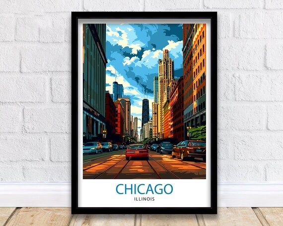 Chicago Illinois Downtown Street Skyscraper Sunset City Travel Poster