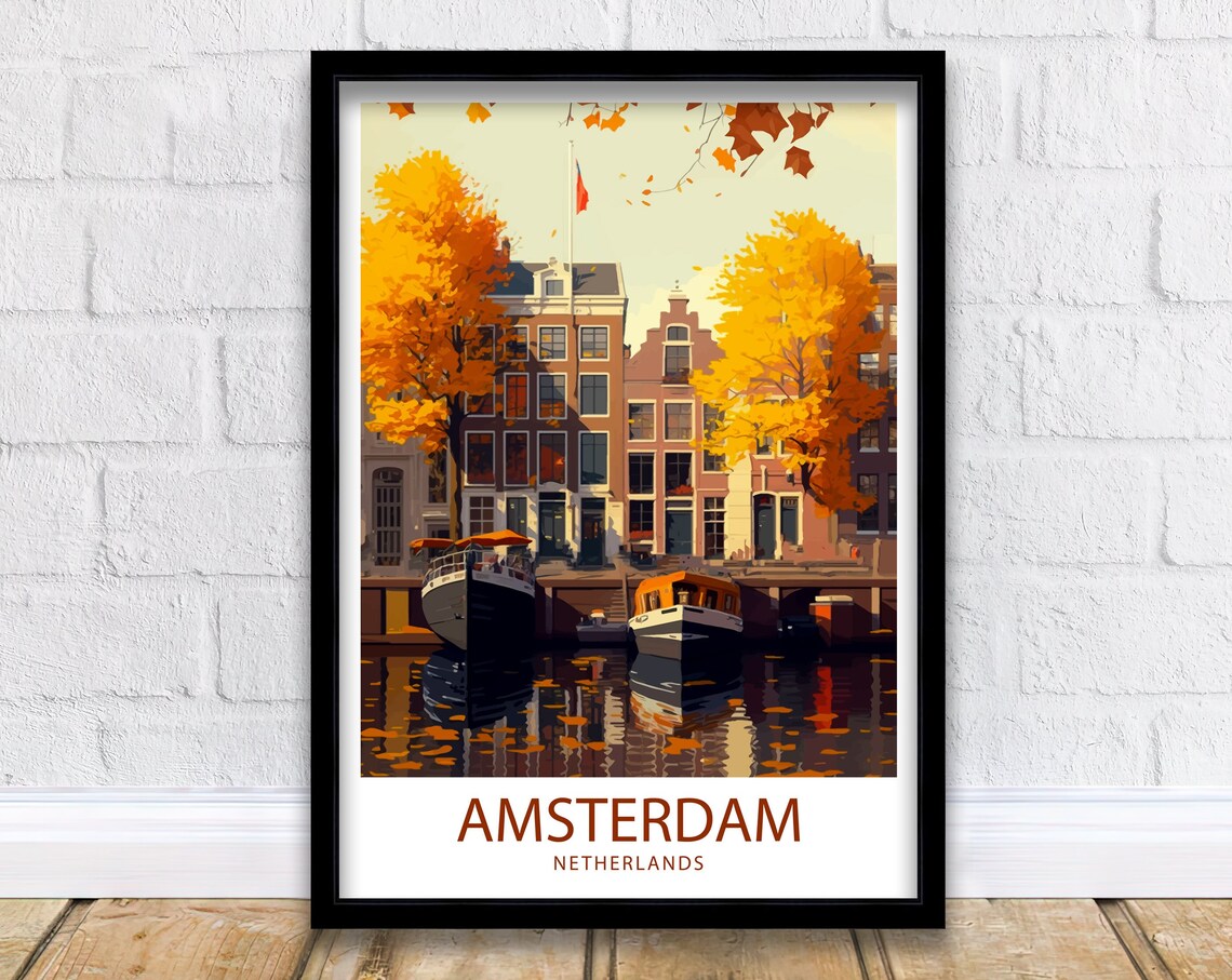 Amsterdam Netherlands Canal Houses Golden Autumn Boats Poster