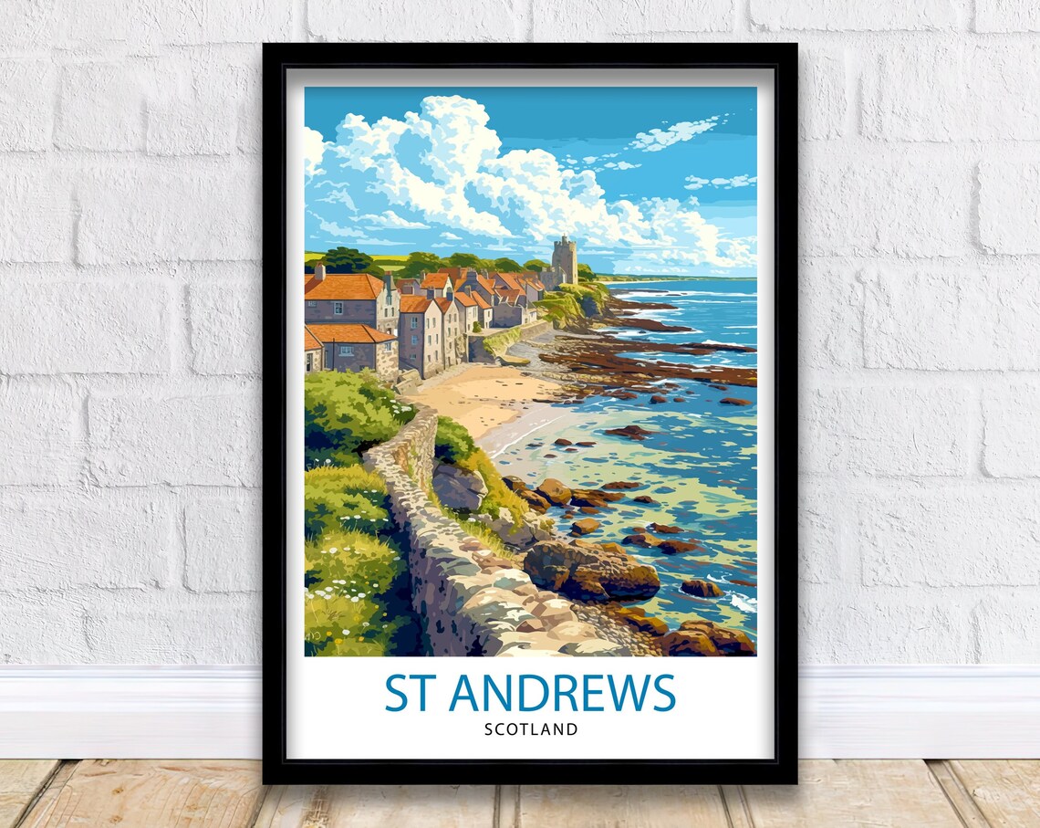 St Andrews Scotland Coastal Town Beach Rocky Shore Travel Poster