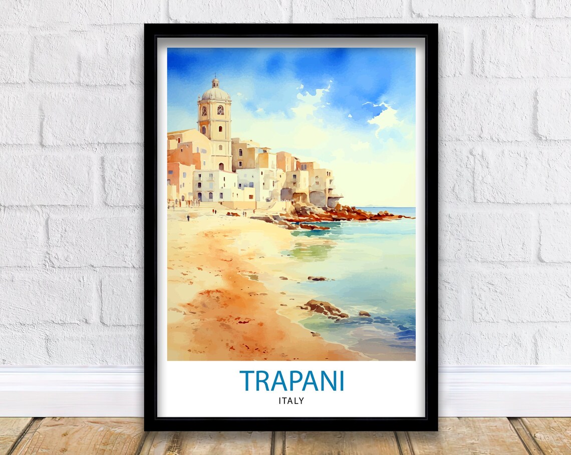 Trapani Sicily Italy Watercolor Beach Church Tower Coastal Poster
