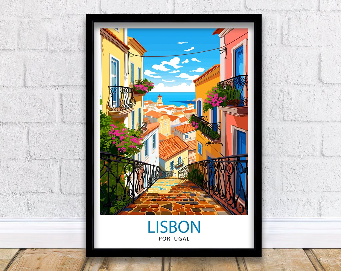 Lisbon Portugal Colorful Balcony Street Coastal View Travel Poster