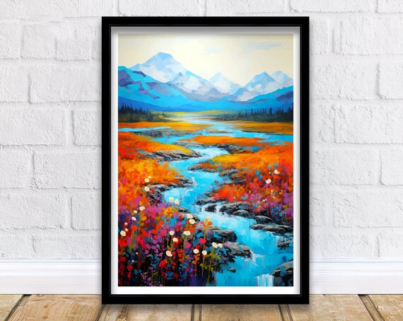 Denali Alaska Wildflower Stream Snow Capped Peaks Mountain Travel Poster