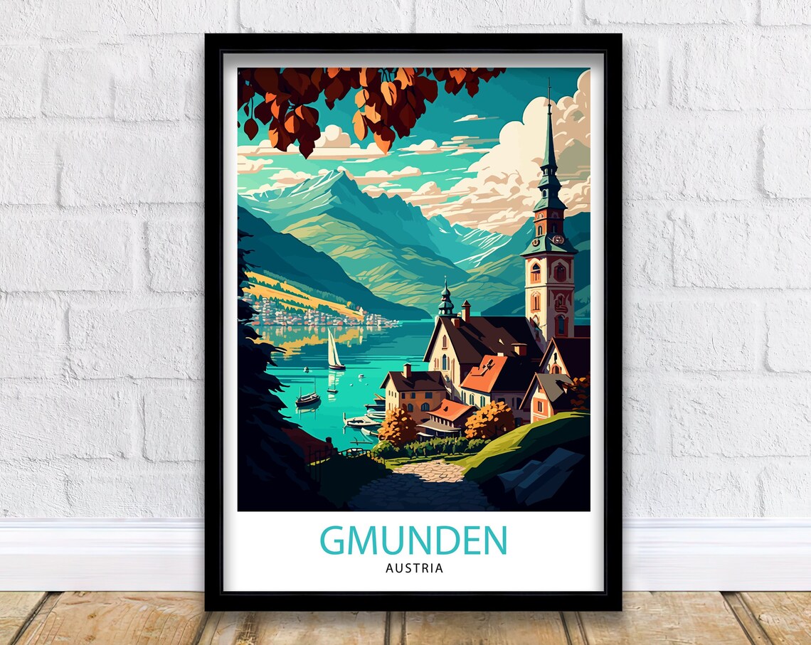 Gmunden Austria Alpine Lake Village Church Tower Sailboat Art Poster